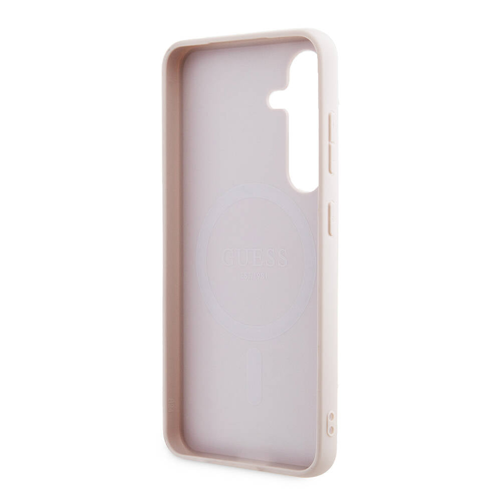 Galaxy S24 Kılıf Guess Orjinal Lisanslı PU Deri Yazı ve 4G Metal Logolu Desenli Kapak Pembe