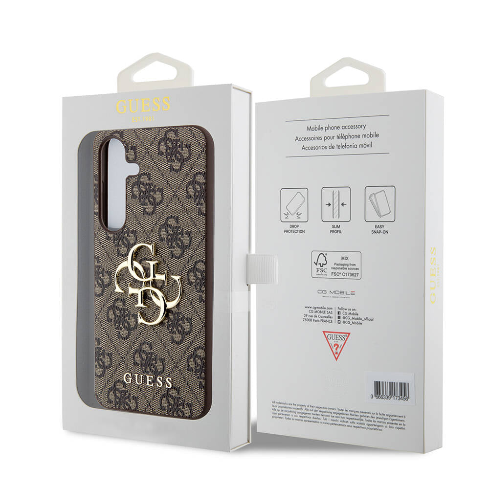 Galaxy S24 Kılıf Guess Orjinal Lisanslı PU Deri Yazı ve 4G Metal Logolu Desenli Kapak Pembe