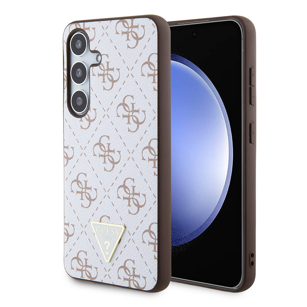 Galaxy S24 Kılıf Guess Orjinal Lisanslı PU Üçgen Logo 4G Desenli Kapak Beyaz