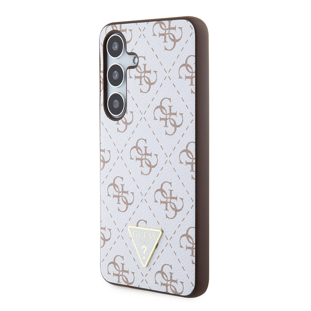 Galaxy S24 Kılıf Guess Orjinal Lisanslı PU Üçgen Logo 4G Desenli Kapak Beyaz