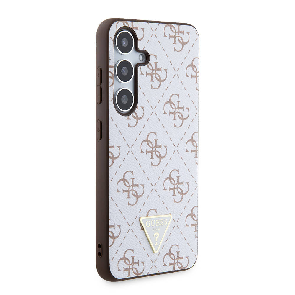 Galaxy S24 Kılıf Guess Orjinal Lisanslı PU Üçgen Logo 4G Desenli Kapak Beyaz
