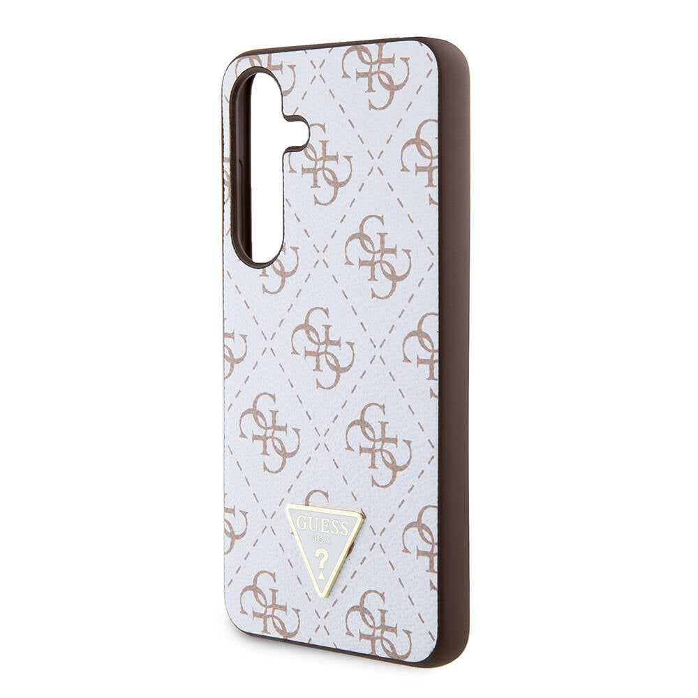Galaxy S24 Kılıf Guess Orjinal Lisanslı PU Üçgen Logo 4G Desenli Kapak Beyaz