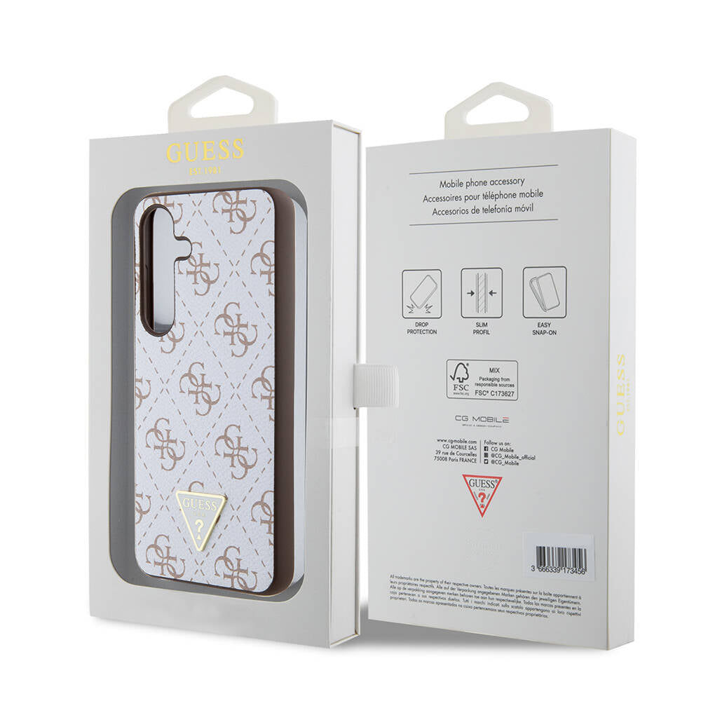 Galaxy S24 Kılıf Guess Orjinal Lisanslı PU Üçgen Logo 4G Desenli Kapak Beyaz