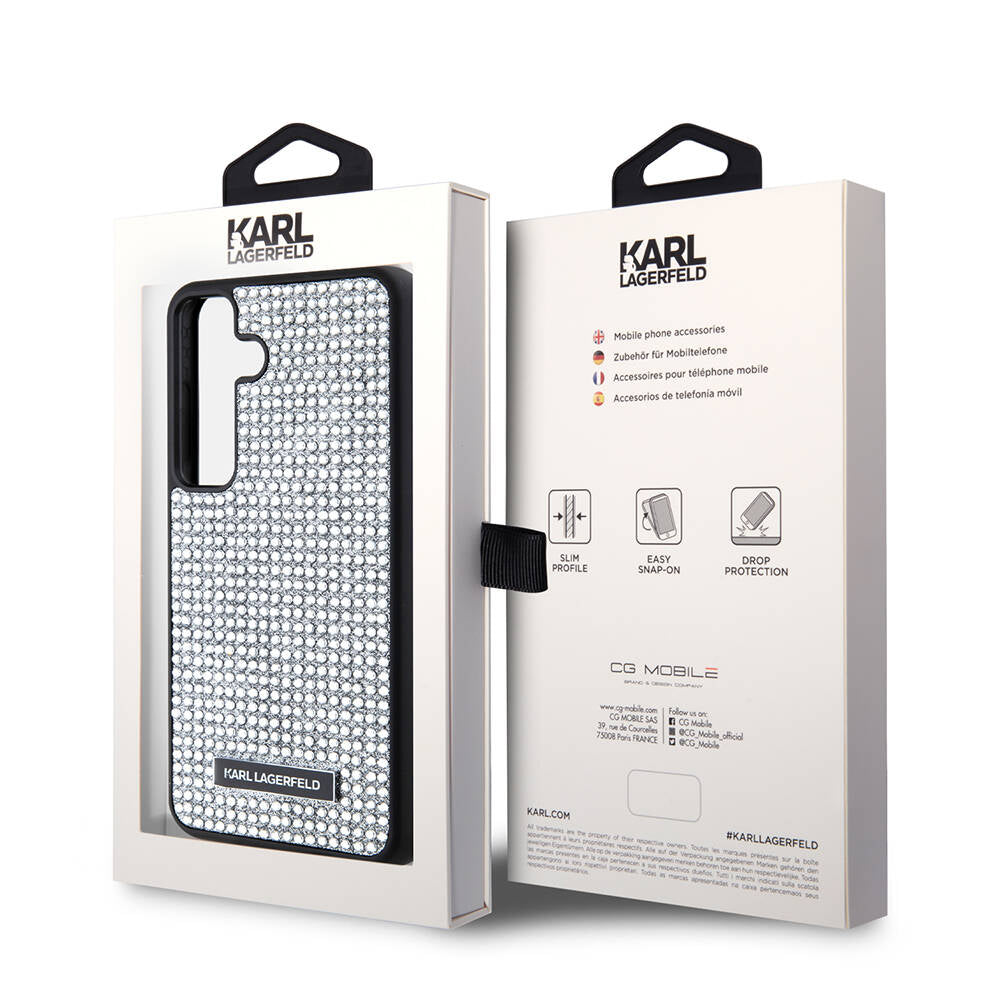 Galaxy S24 Kılıf Karl Lagerfeld Taşlı Metal Logo Orjinal Lisanslı Kapak Gümüş