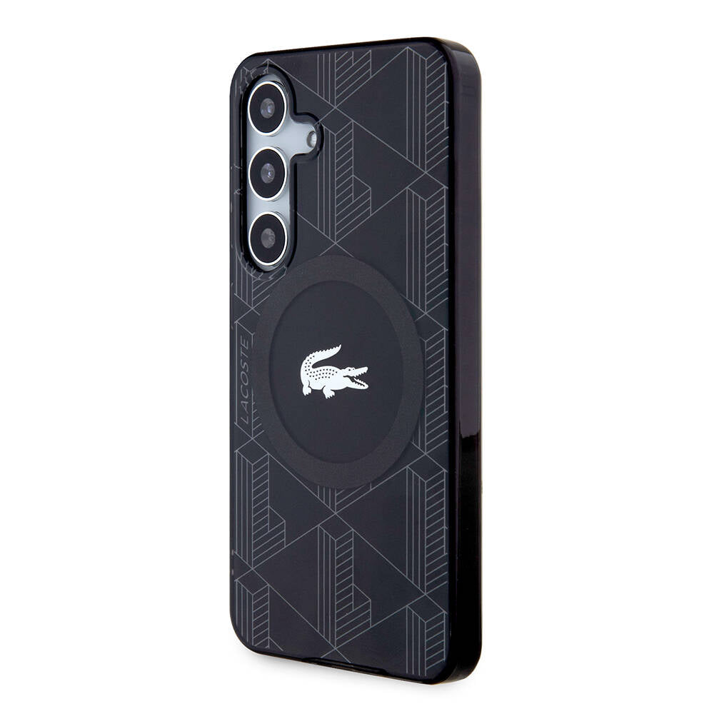 Galaxy S24 Kılıf Lacoste Orjinal Lisanslı M-safe Şarj Özellikli Çift Katmanlı Timsah Logolu Blend Monogram Kapak Siyah