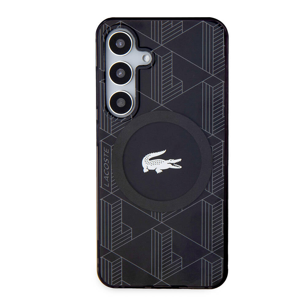 Galaxy S24 Kılıf Lacoste Orjinal Lisanslı M-safe Şarj Özellikli Çift Katmanlı Timsah Logolu Blend Monogram Kapak Siyah