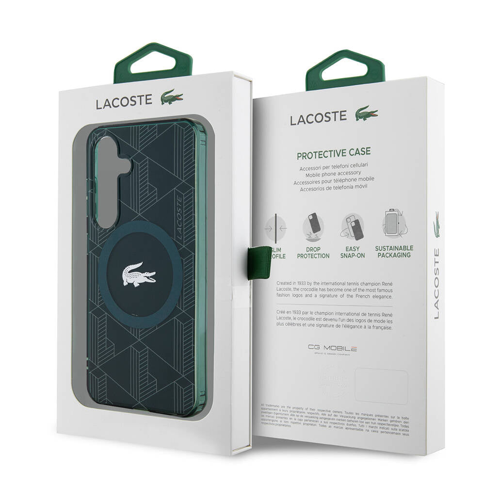 Galaxy S24 Kılıf Lacoste Orjinal Lisanslı M-safe Şarj Özellikli Çift Katmanlı Timsah Logolu Blend Monogram Kapak Siyah