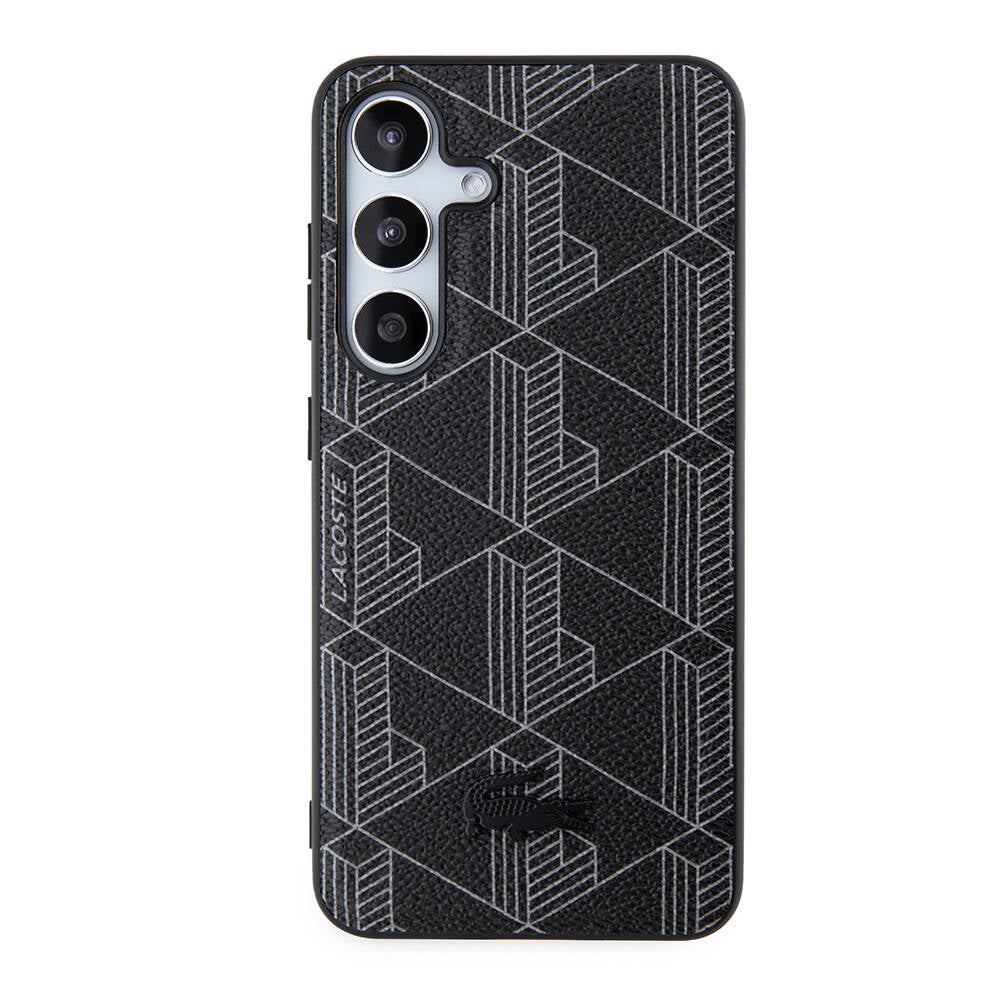 Galaxy S24 Kılıf Lacoste Orjinal Lisanslı M-safe Şarj Özellikli PU Deri Görünümlü Karışık Monogram Desenli Kapak Siyah