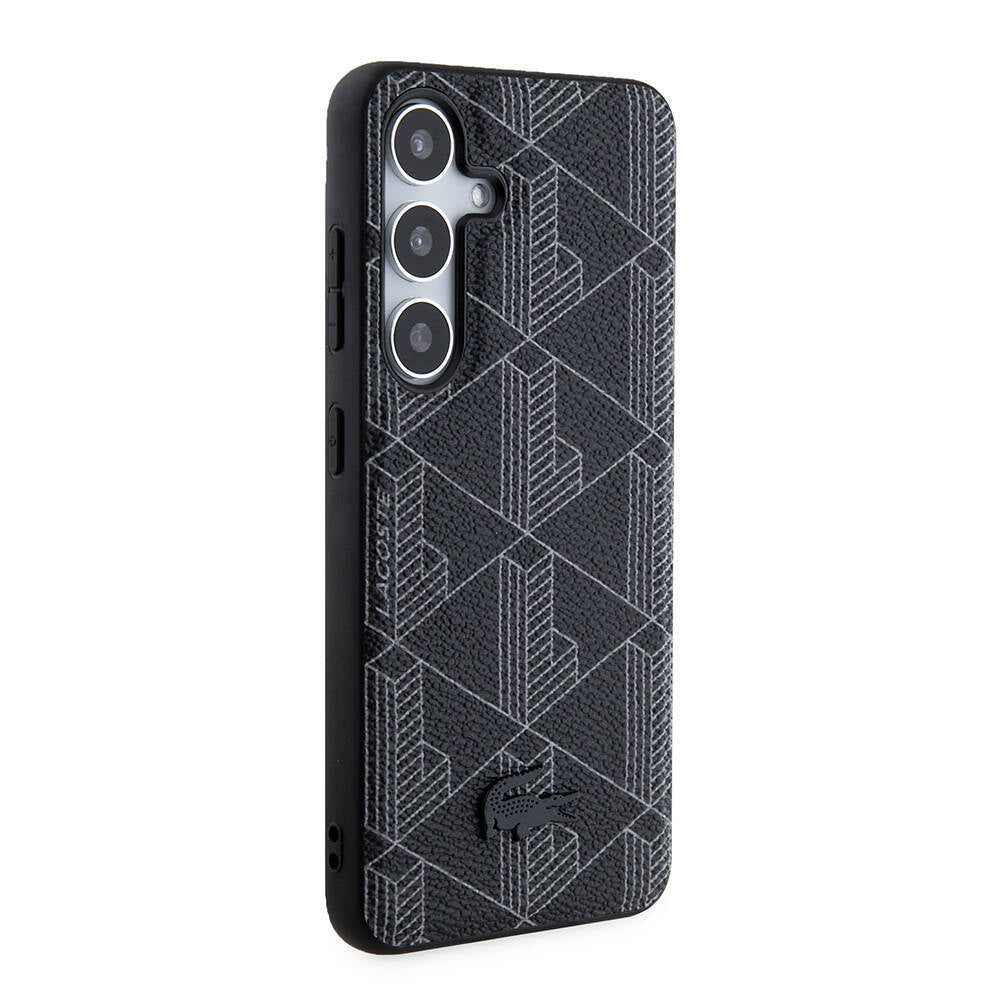 Galaxy S24 Kılıf Lacoste Orjinal Lisanslı M-safe Şarj Özellikli PU Deri Görünümlü Karışık Monogram Desenli Kapak Siyah