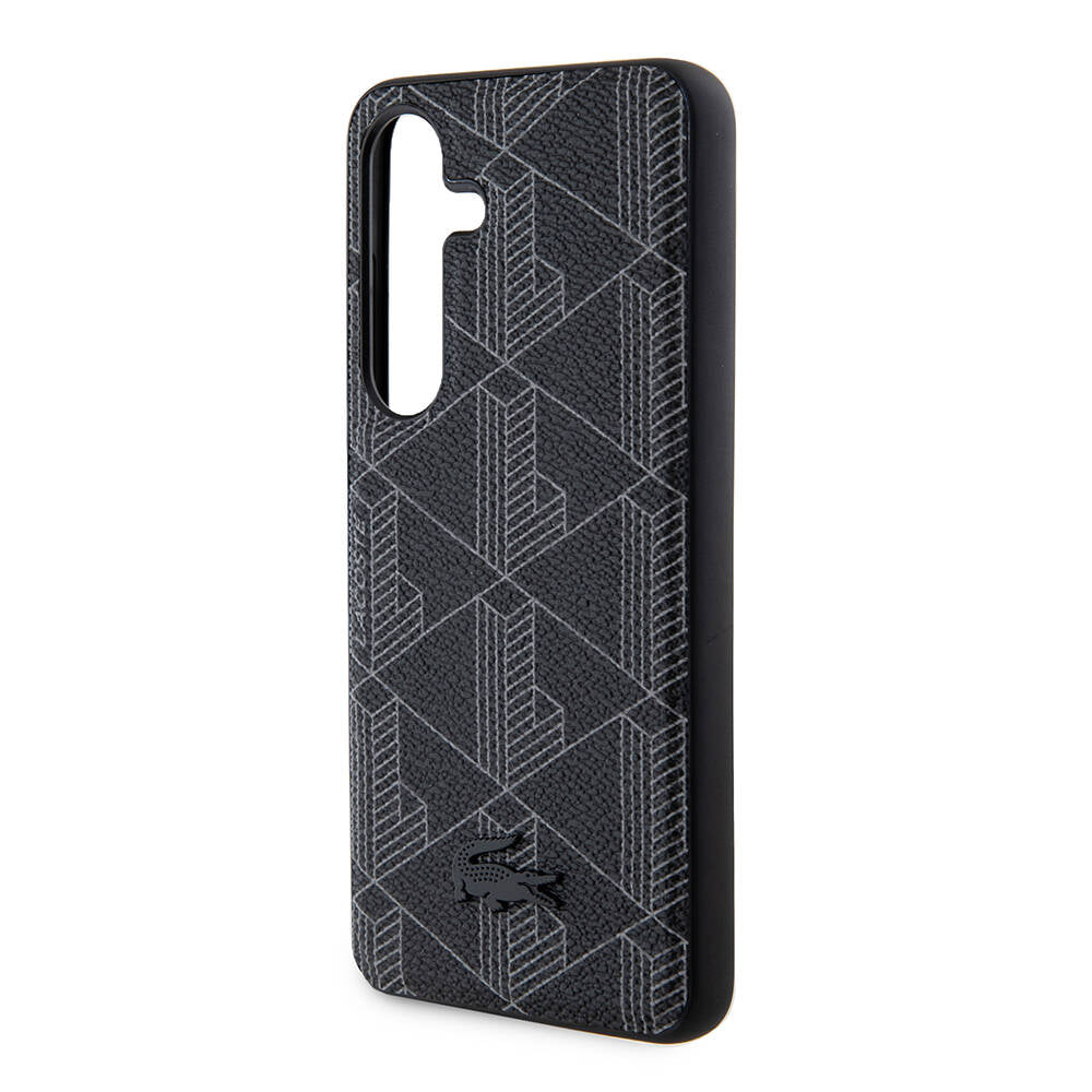 Galaxy S24 Kılıf Lacoste Orjinal Lisanslı M-safe Şarj Özellikli PU Deri Görünümlü Karışık Monogram Desenli Kapak Siyah