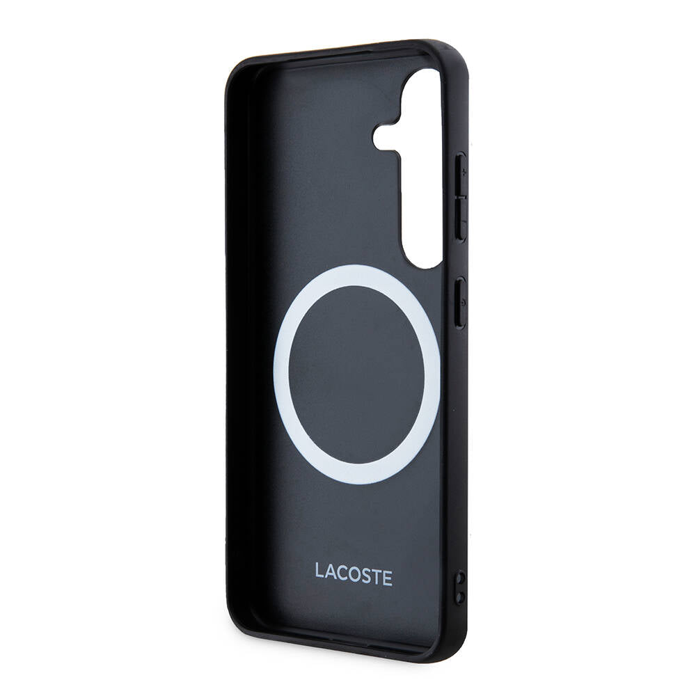 Galaxy S24 Kılıf Lacoste Orjinal Lisanslı M-safe Şarj Özellikli PU Deri Görünümlü Karışık Monogram Desenli Kapak Siyah