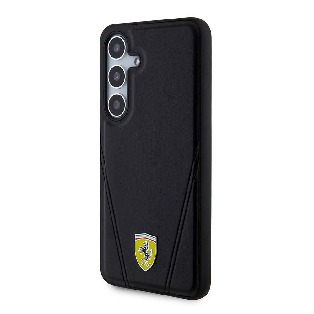 Galaxy S24 Plus Kılıf Ferrari Orjinal Lisanslı M-safe Şarj Özellikli Sıcak Baskı V Çizgili Deri Kapak Siyah