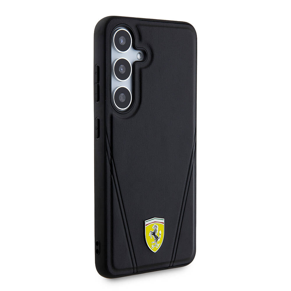 Galaxy S24 Plus Kılıf Ferrari Orjinal Lisanslı M-safe Şarj Özellikli Sıcak Baskı V Çizgili Deri Kapak Siyah