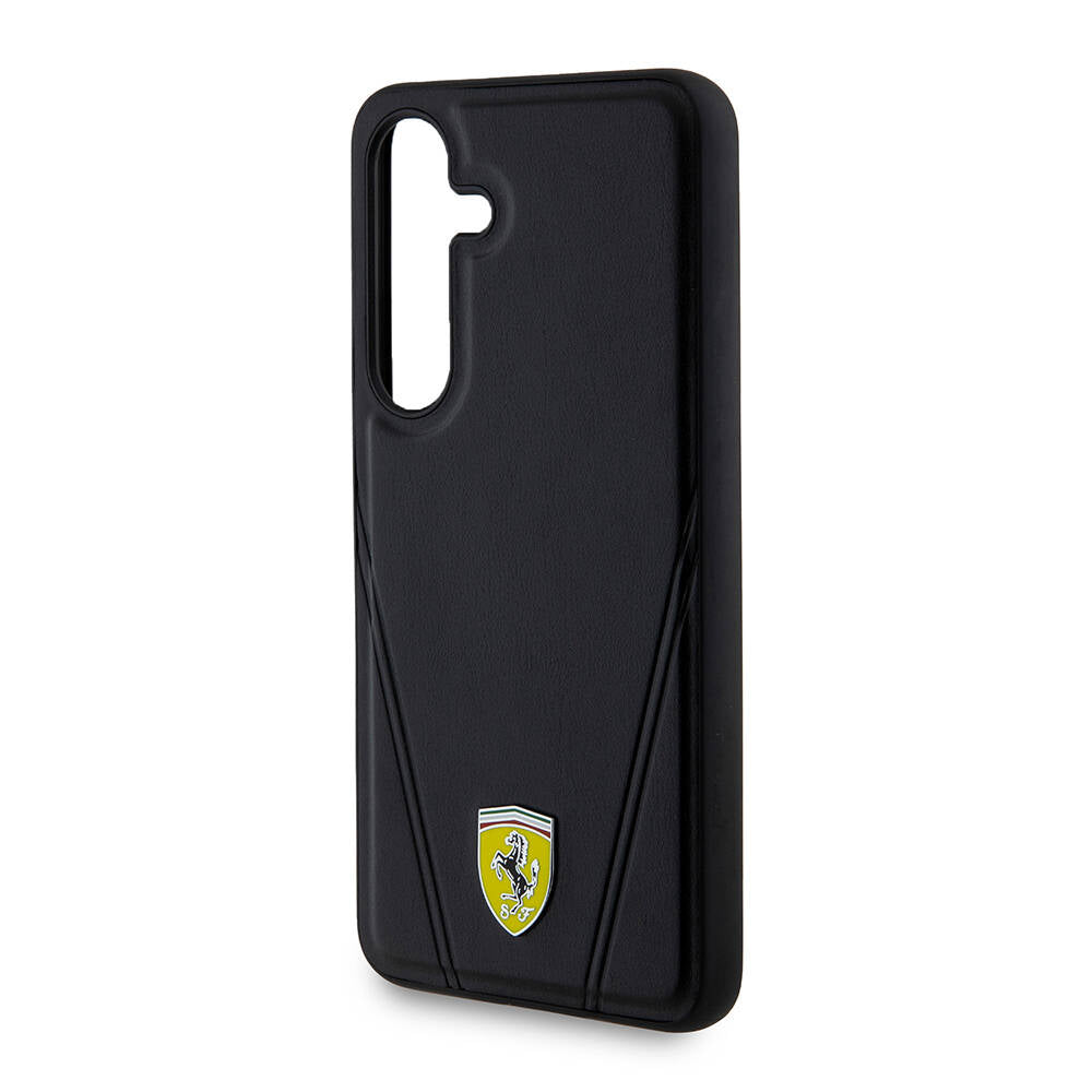 Galaxy S24 Plus Kılıf Ferrari Orjinal Lisanslı M-safe Şarj Özellikli Sıcak Baskı V Çizgili Deri Kapak Siyah