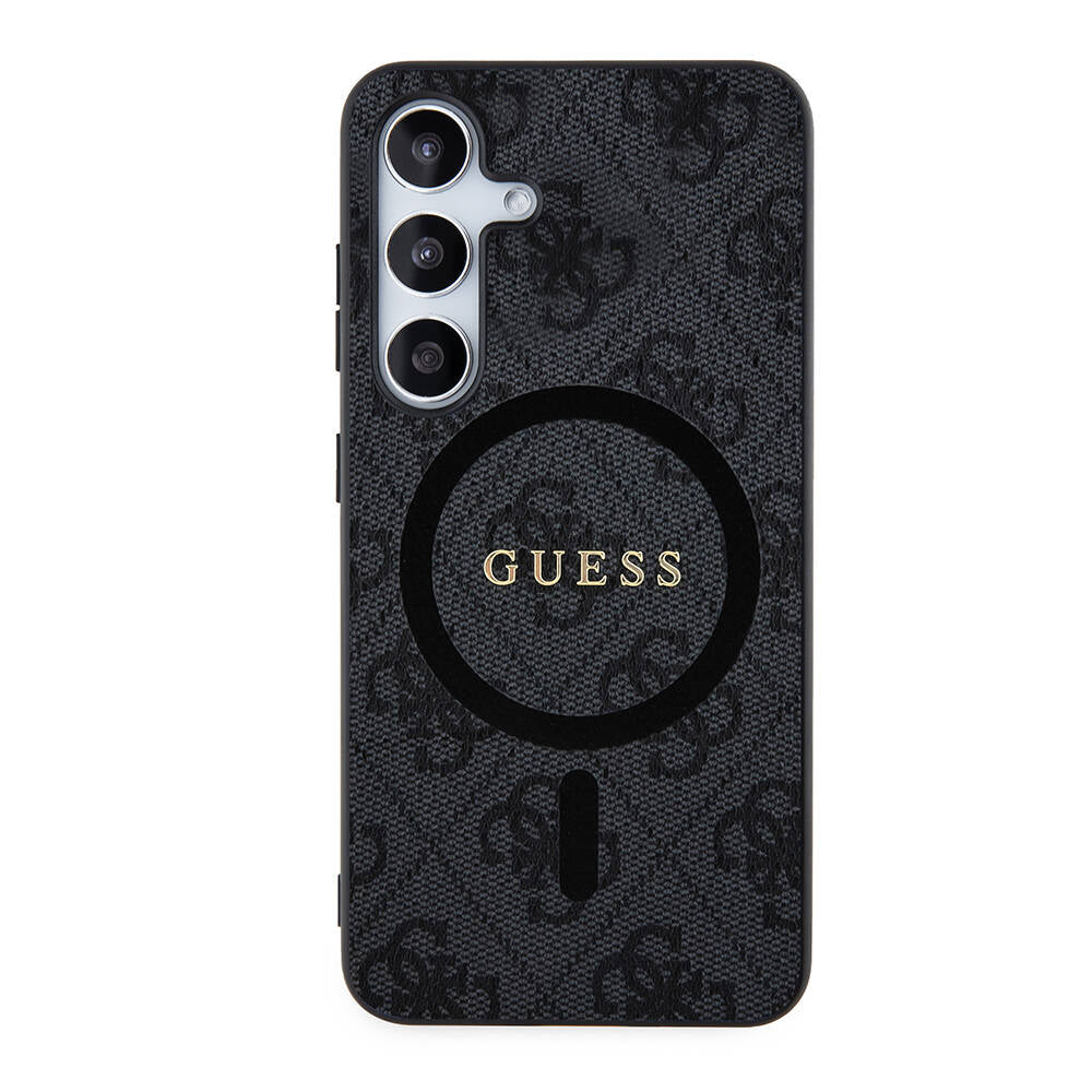 Galaxy S24 Plus Kılıf Guess Orjinal Lisanslı M-safe Şarj Özellikli PU Halkalı 4G Desenli Yazı Logolu Kapak Siyah