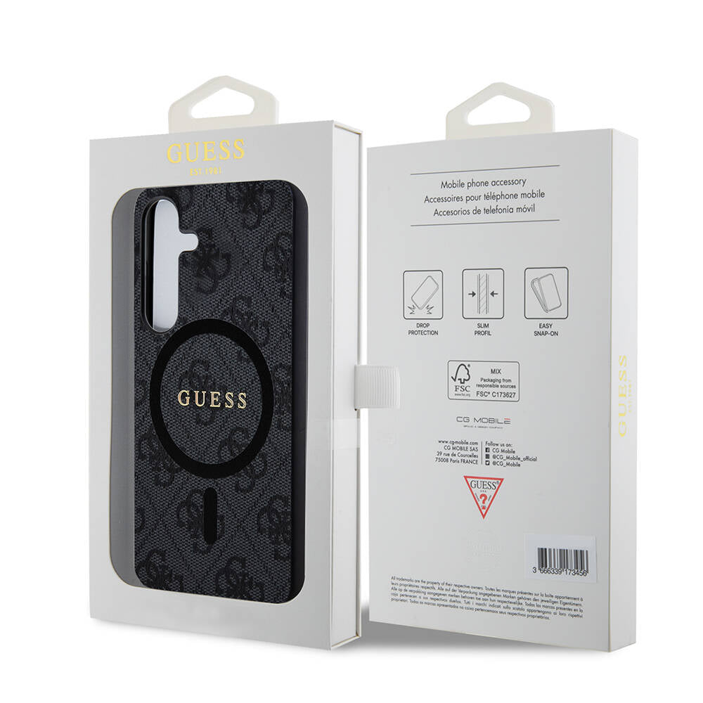 Galaxy S24 Plus Kılıf Guess Orjinal Lisanslı M-safe Şarj Özellikli PU Halkalı 4G Desenli Yazı Logolu Kapak Siyah