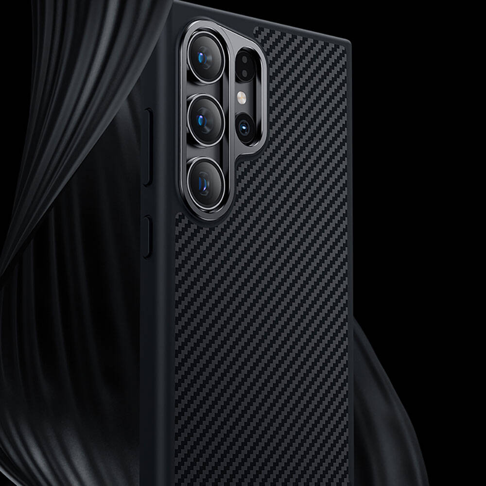 Galaxy S24 Plus Kılıf Karbon Fiber M-safe Şarj Özellikli Benks Hybrid ArmorPro 600D Kevlar Kapak Siyah