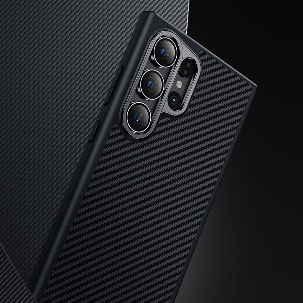 Galaxy S24 Plus Kılıf Karbon Fiber M-safe Şarj Özellikli Benks Hybrid ArmorPro 600D Kevlar Kapak Siyah