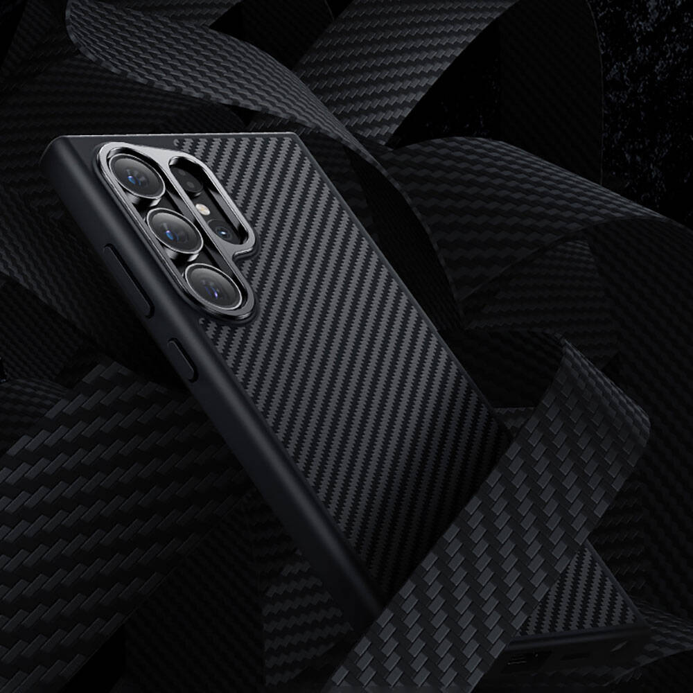 Galaxy S24 Plus Kılıf Karbon Fiber M-safe Şarj Özellikli Benks Hybrid ArmorPro 600D Kevlar Kapak Siyah
