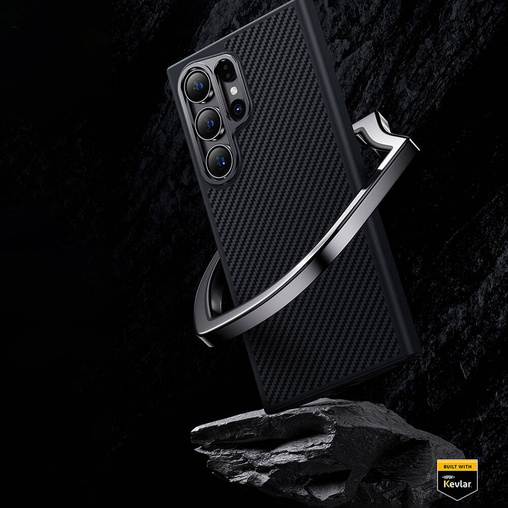Galaxy S24 Plus Kılıf Karbon Fiber M-safe Şarj Özellikli Benks Hybrid ArmorPro 600D Kevlar Kapak Siyah