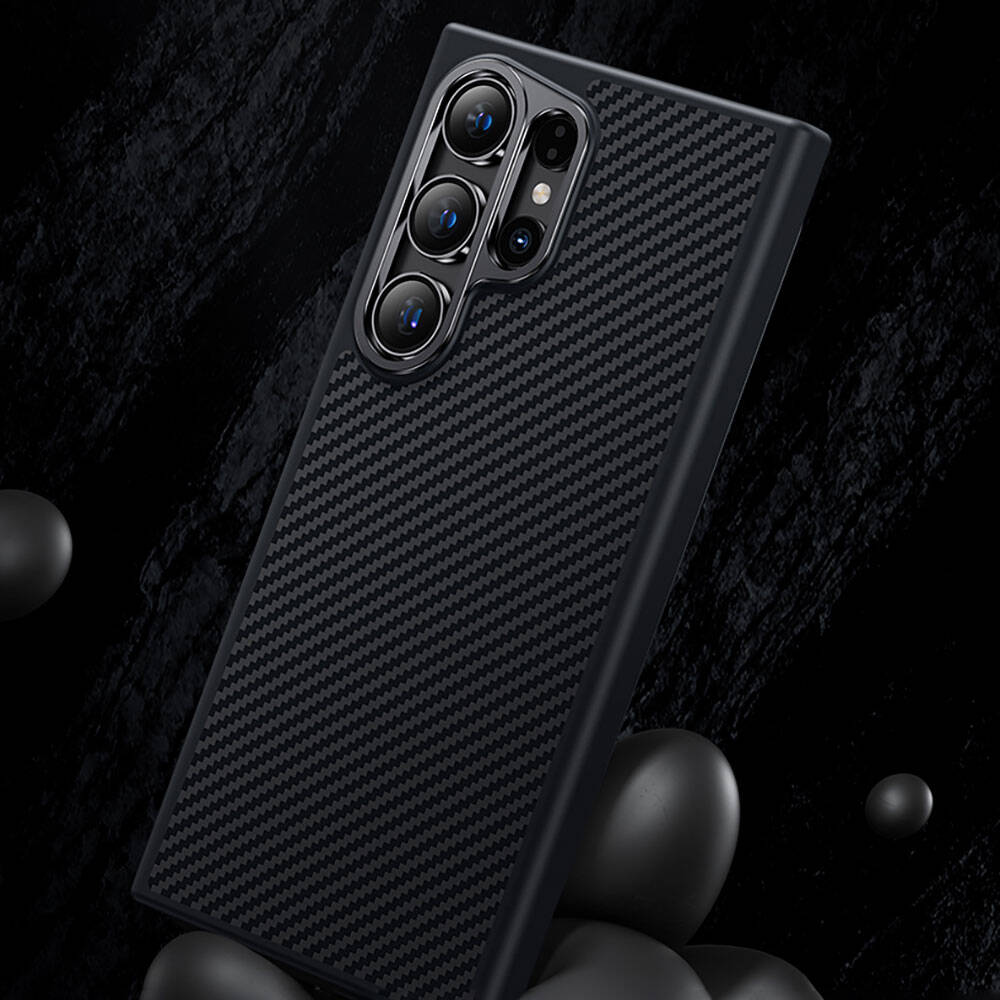 Galaxy S24 Plus Kılıf Karbon Fiber M-safe Şarj Özellikli Benks Hybrid ArmorPro 600D Kevlar Kapak Siyah