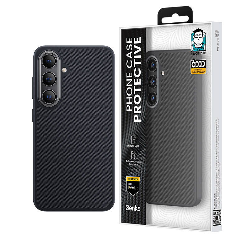 Galaxy S24 Plus Kılıf Karbon Fiber M-safe Şarj Özellikli Benks Hybrid ArmorPro 600D Kevlar Kapak Siyah