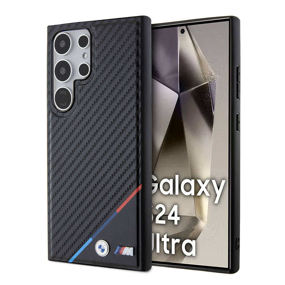 Galaxy S24 Ultra Kılıf BMW Orjinal Lisanslı M-safe Şarj Özellikli M Logolu Üç Çizgili PU Karbon Kapak Siyah