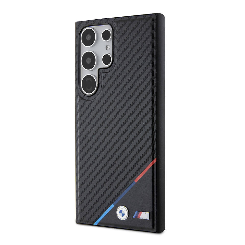 Galaxy S24 Ultra Kılıf BMW Orjinal Lisanslı M-safe Şarj Özellikli M Logolu Üç Çizgili PU Karbon Kapak Siyah