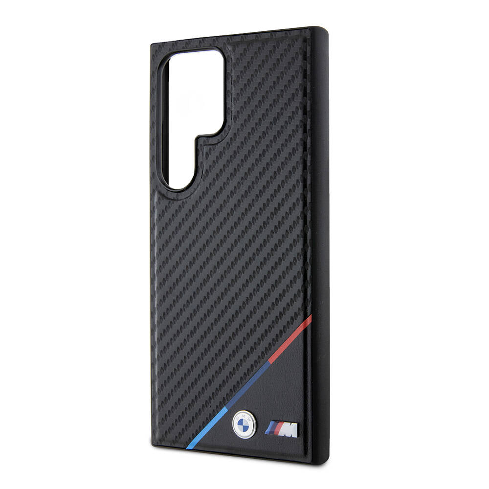 Galaxy S24 Ultra Kılıf BMW Orjinal Lisanslı M-safe Şarj Özellikli M Logolu Üç Çizgili PU Karbon Kapak Siyah