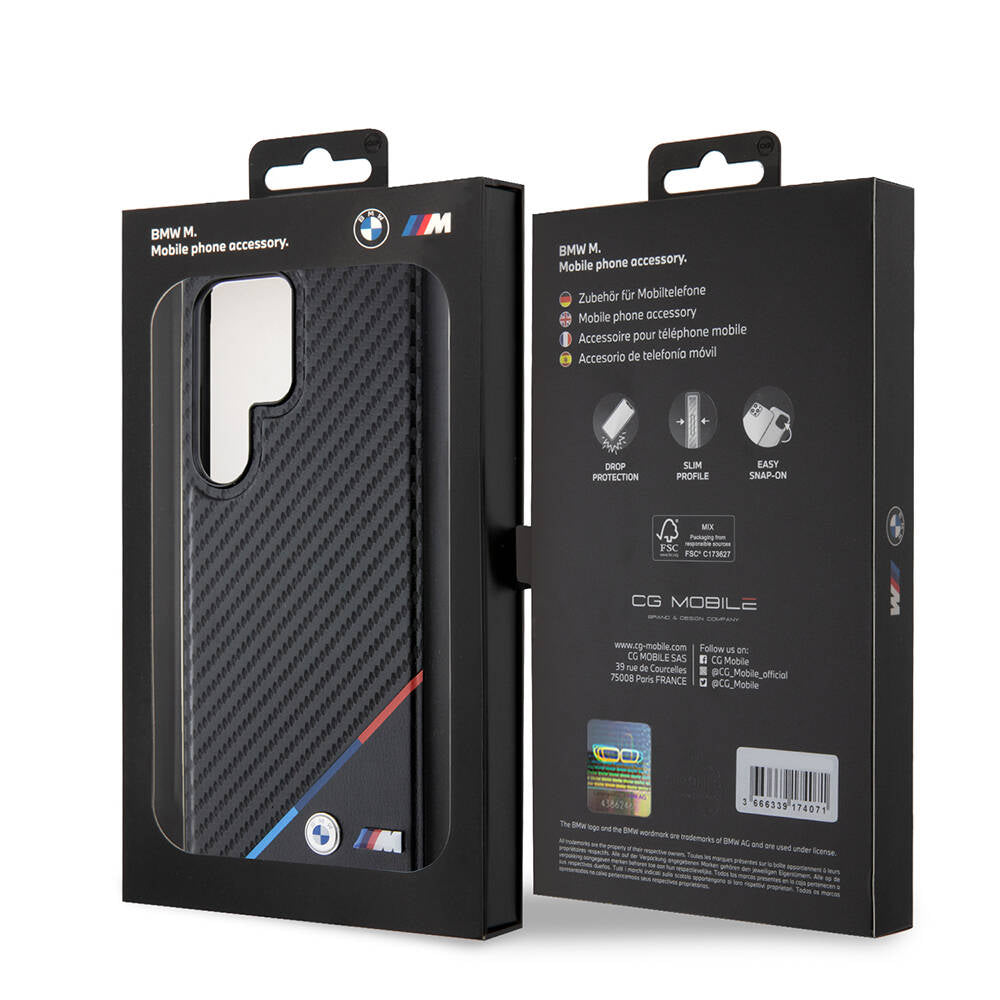 Galaxy S24 Ultra Kılıf BMW Orjinal Lisanslı M-safe Şarj Özellikli M Logolu Üç Çizgili PU Karbon Kapak Siyah