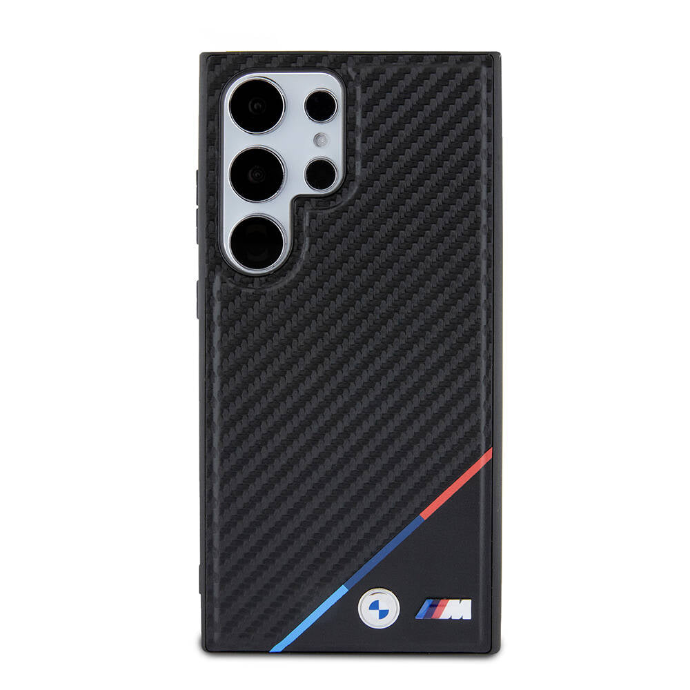 Galaxy S24 Ultra Kılıf BMW Orjinal Lisanslı M-safe Şarj Özellikli M Logolu Üç Çizgili PU Karbon Kapak Siyah