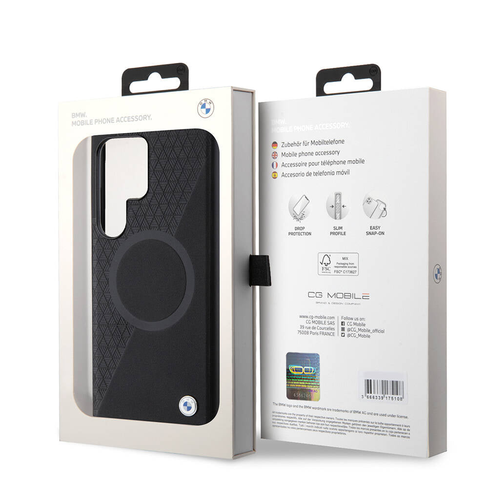 Galaxy S24 Ultra Kılıf BMW Orjinal Lisanslı M-safe Şarj Özellikli Yarım Dokulu Circle Leather Kapak Siyah