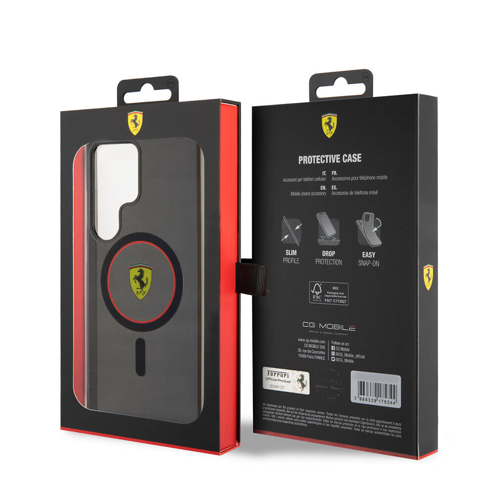 Galaxy S24 Ultra Kılıf Ferrari Orjinal Lisanslı M-safe Şarj Özellikli Füme İç Yüzey Circle Line Kapak Siyah
