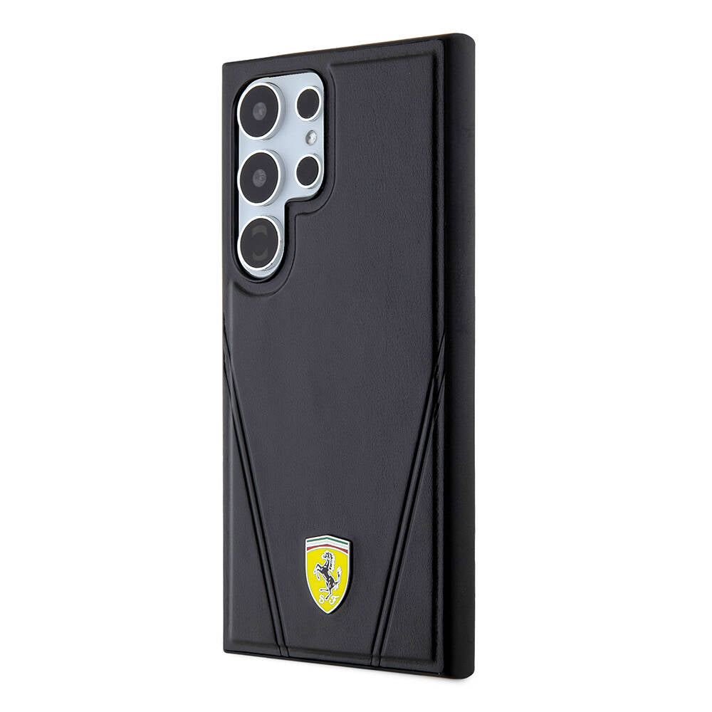 Galaxy S24 Ultra Kılıf Ferrari Orjinal Lisanslı M-safe Şarj Özellikli Sıcak Baskı V Çizgili Deri Kapak Siyah