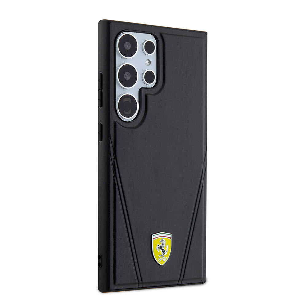 Galaxy S24 Ultra Kılıf Ferrari Orjinal Lisanslı M-safe Şarj Özellikli Sıcak Baskı V Çizgili Deri Kapak Siyah