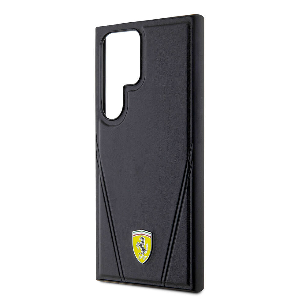 Galaxy S24 Ultra Kılıf Ferrari Orjinal Lisanslı M-safe Şarj Özellikli Sıcak Baskı V Çizgili Deri Kapak Siyah