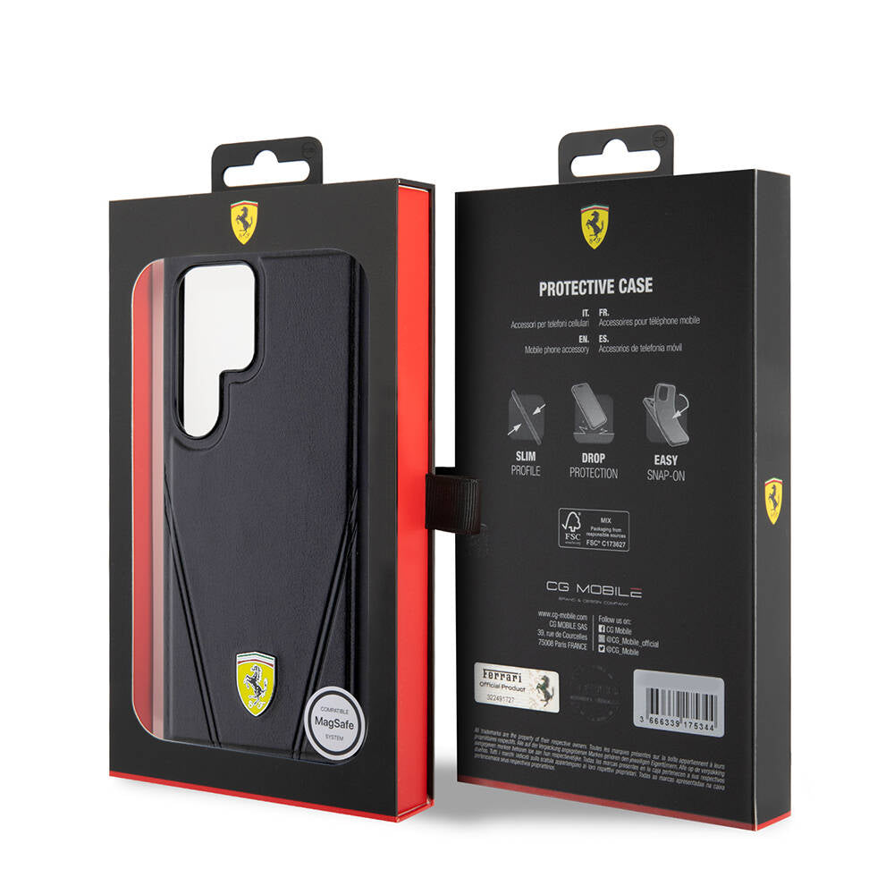Galaxy S24 Ultra Kılıf Ferrari Orjinal Lisanslı M-safe Şarj Özellikli Sıcak Baskı V Çizgili Deri Kapak Siyah