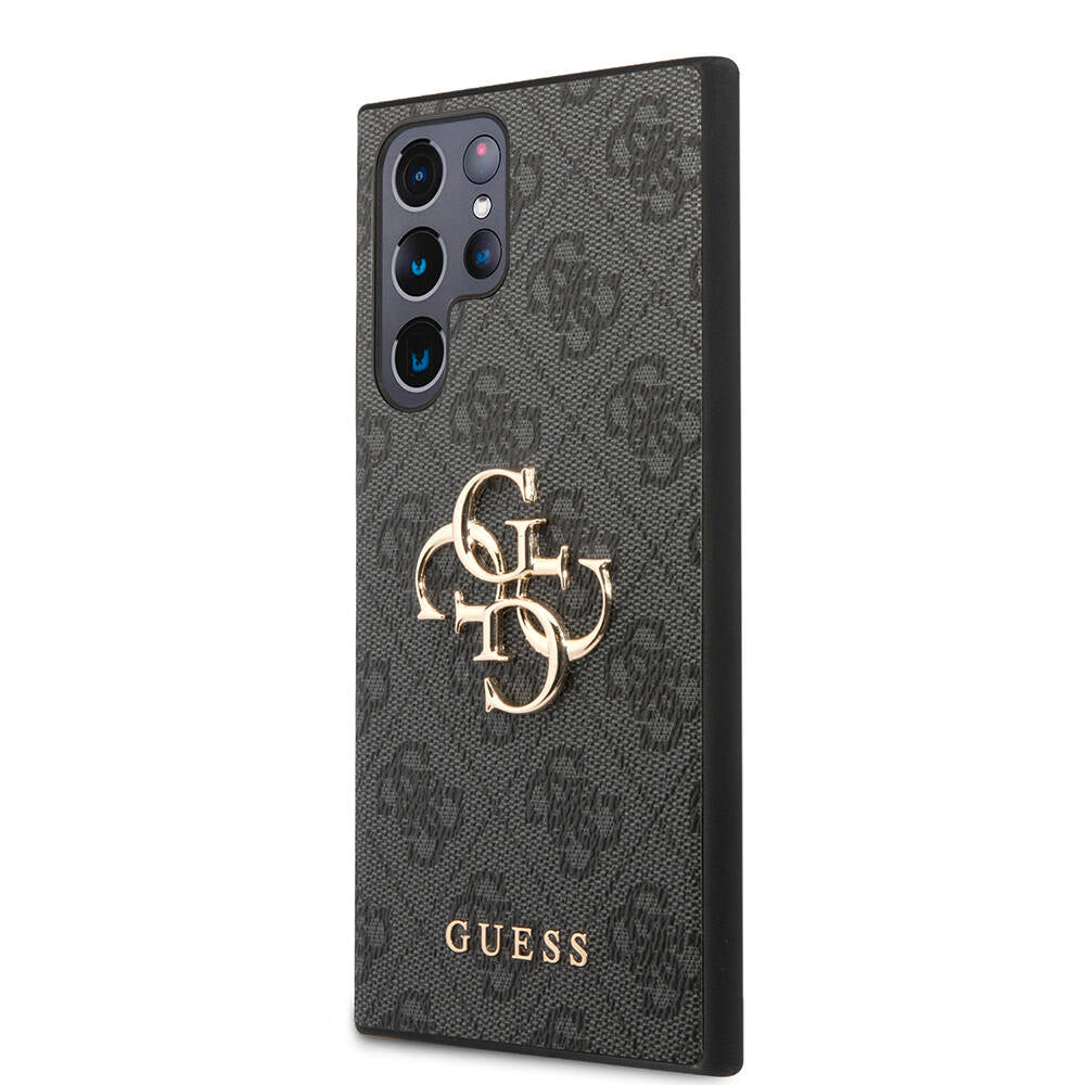 Galaxy S24 Ultra Kılıf Guess Orjinal Lisanslı PU Deri Yazı ve 4G Metal Logolu Desenli Kapak Kahverengi