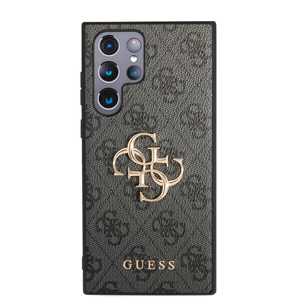 Galaxy S24 Ultra Kılıf Guess Orjinal Lisanslı PU Deri Yazı ve 4G Metal Logolu Desenli Kapak Kahverengi