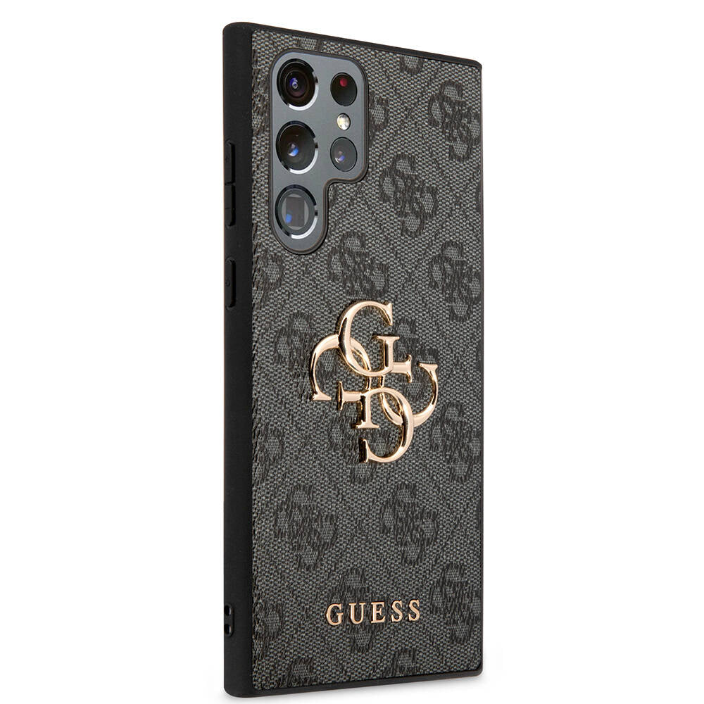 Galaxy S24 Ultra Kılıf Guess Orjinal Lisanslı PU Deri Yazı ve 4G Metal Logolu Desenli Kapak Kahverengi