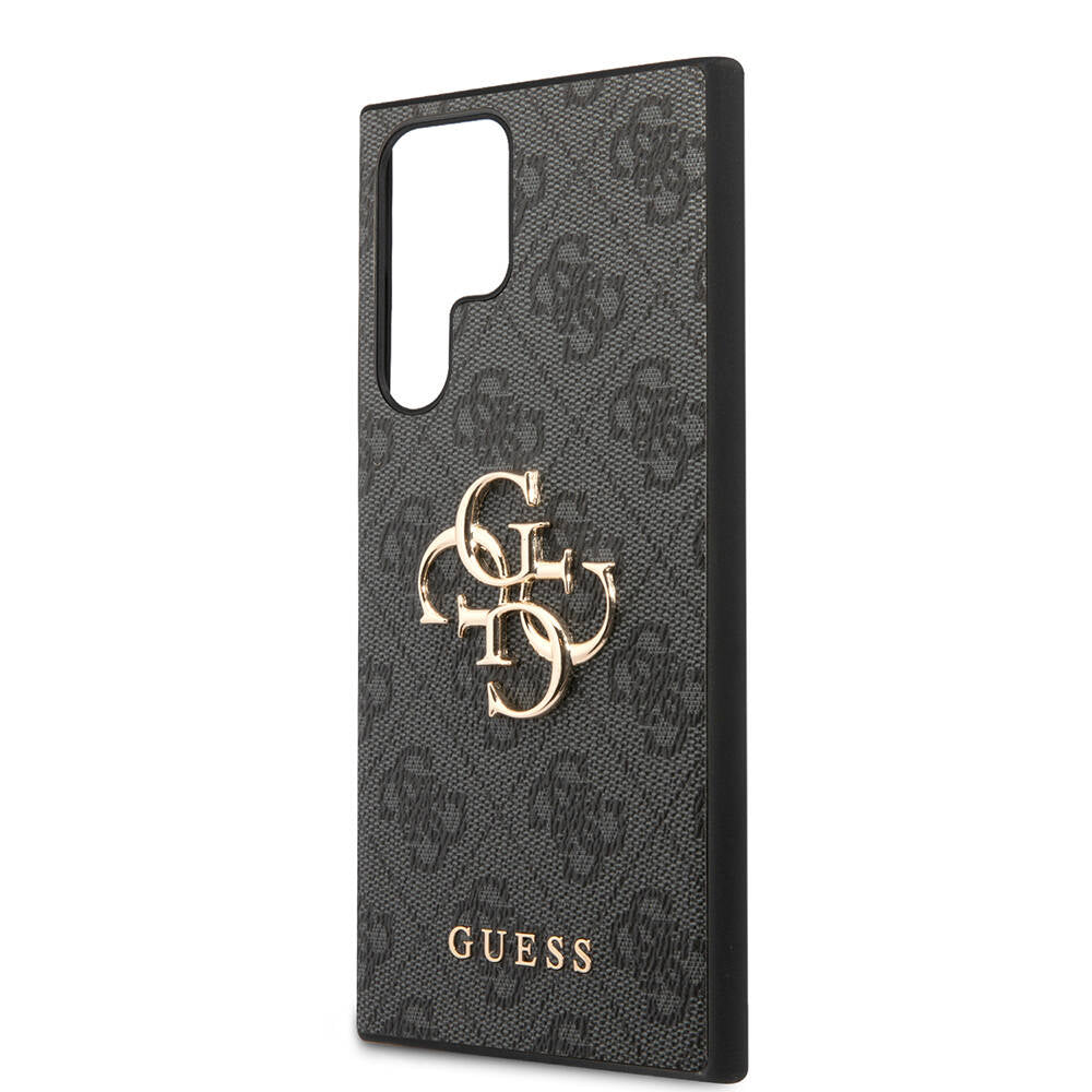 Galaxy S24 Ultra Kılıf Guess Orjinal Lisanslı PU Deri Yazı ve 4G Metal Logolu Desenli Kapak Kahverengi