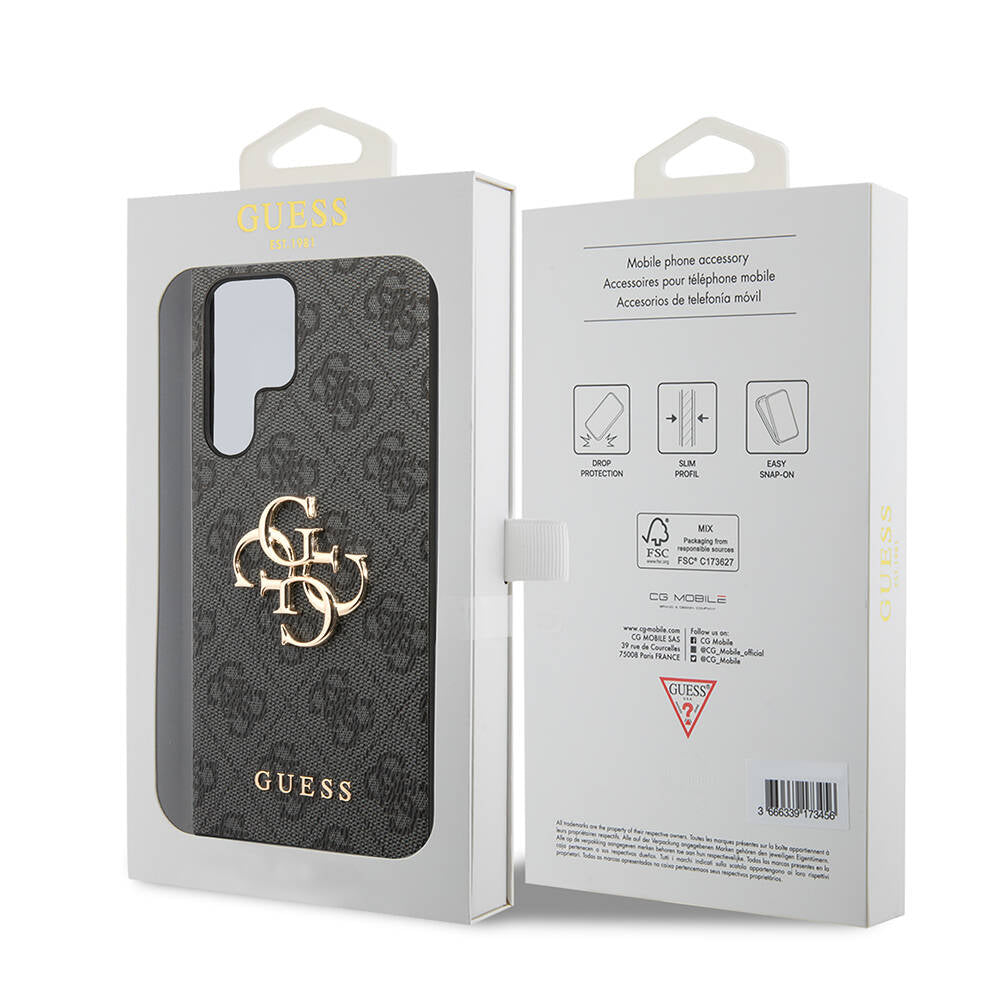 Galaxy S24 Ultra Kılıf Guess Orjinal Lisanslı PU Deri Yazı ve 4G Metal Logolu Desenli Kapak Kahverengi