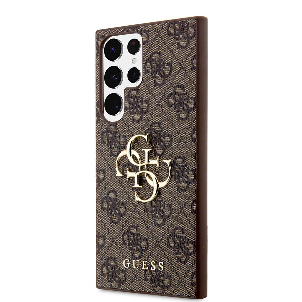 Galaxy S24 Ultra Kılıf Guess Orjinal Lisanslı PU Deri Yazı ve 4G Metal Logolu Desenli Kapak Kahverengi