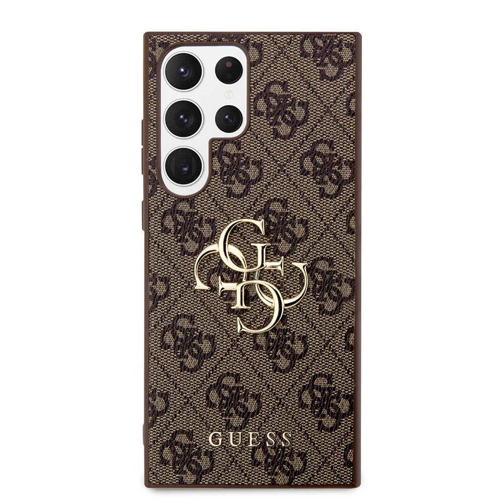Galaxy S24 Ultra Kılıf Guess Orjinal Lisanslı PU Deri Yazı ve 4G Metal Logolu Desenli Kapak Kahverengi