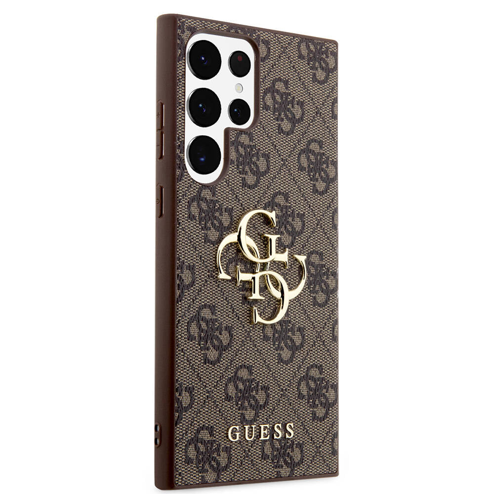 Galaxy S24 Ultra Kılıf Guess Orjinal Lisanslı PU Deri Yazı ve 4G Metal Logolu Desenli Kapak Kahverengi