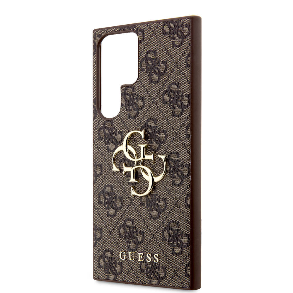 Galaxy S24 Ultra Kılıf Guess Orjinal Lisanslı PU Deri Yazı ve 4G Metal Logolu Desenli Kapak Kahverengi