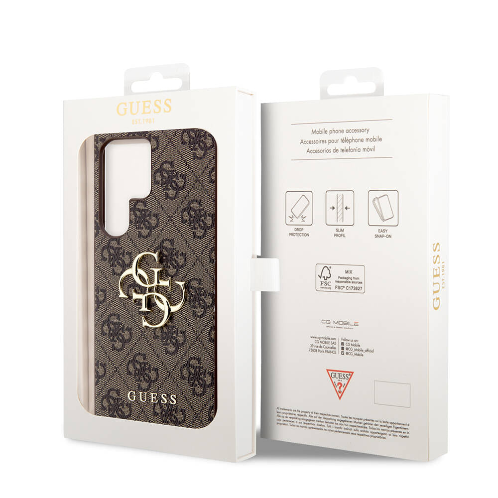 Galaxy S24 Ultra Kılıf Guess Orjinal Lisanslı PU Deri Yazı ve 4G Metal Logolu Desenli Kapak Kahverengi