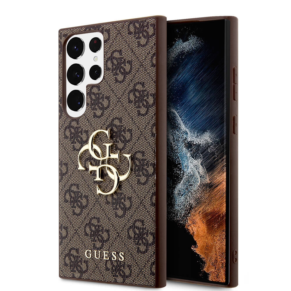 Galaxy S24 Ultra Kılıf Guess Orjinal Lisanslı PU Deri Yazı ve 4G Metal Logolu Desenli Kapak Kahverengi
