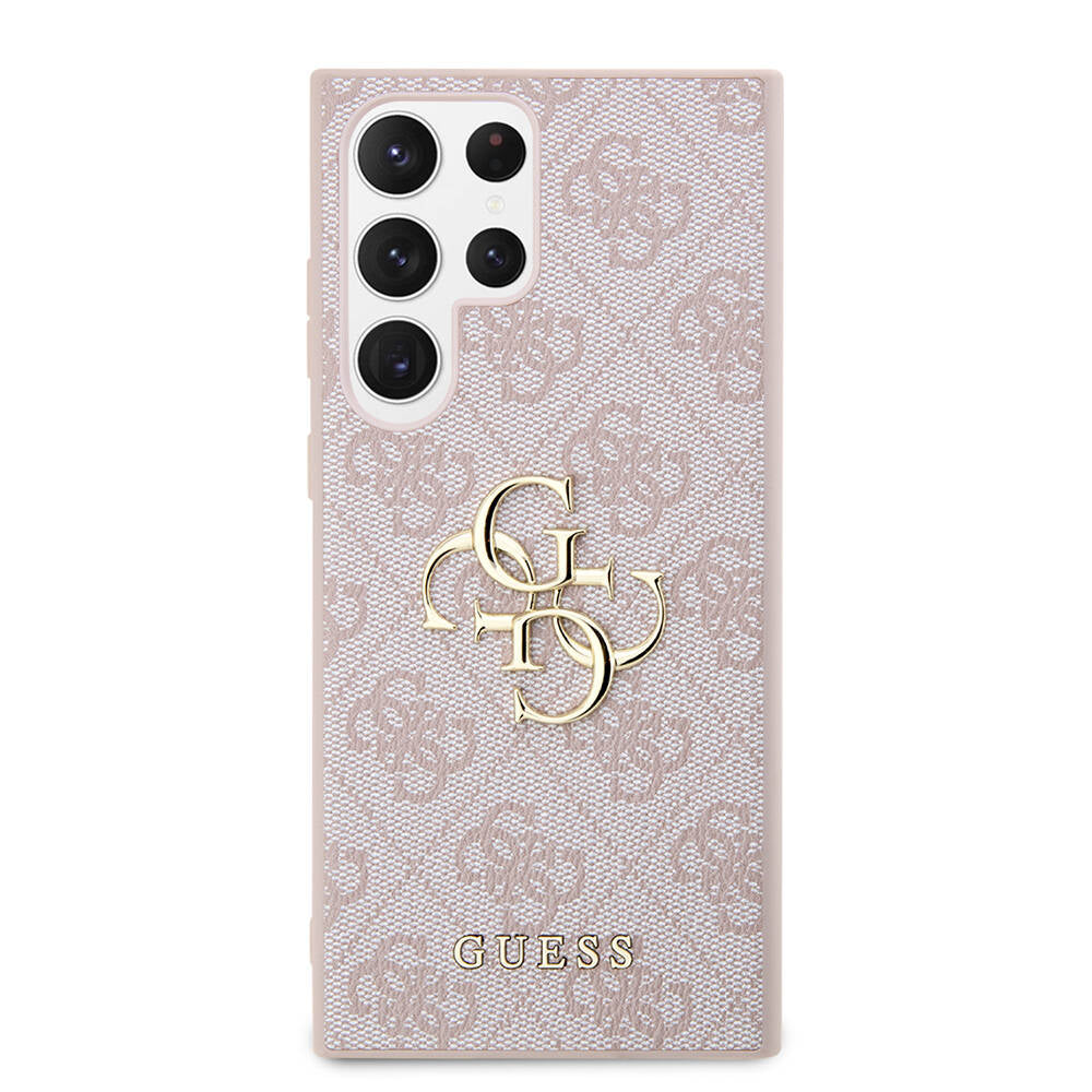 Galaxy S24 Ultra Kılıf Guess Orjinal Lisanslı PU Deri Yazı ve 4G Metal Logolu Desenli Kapak Kahverengi