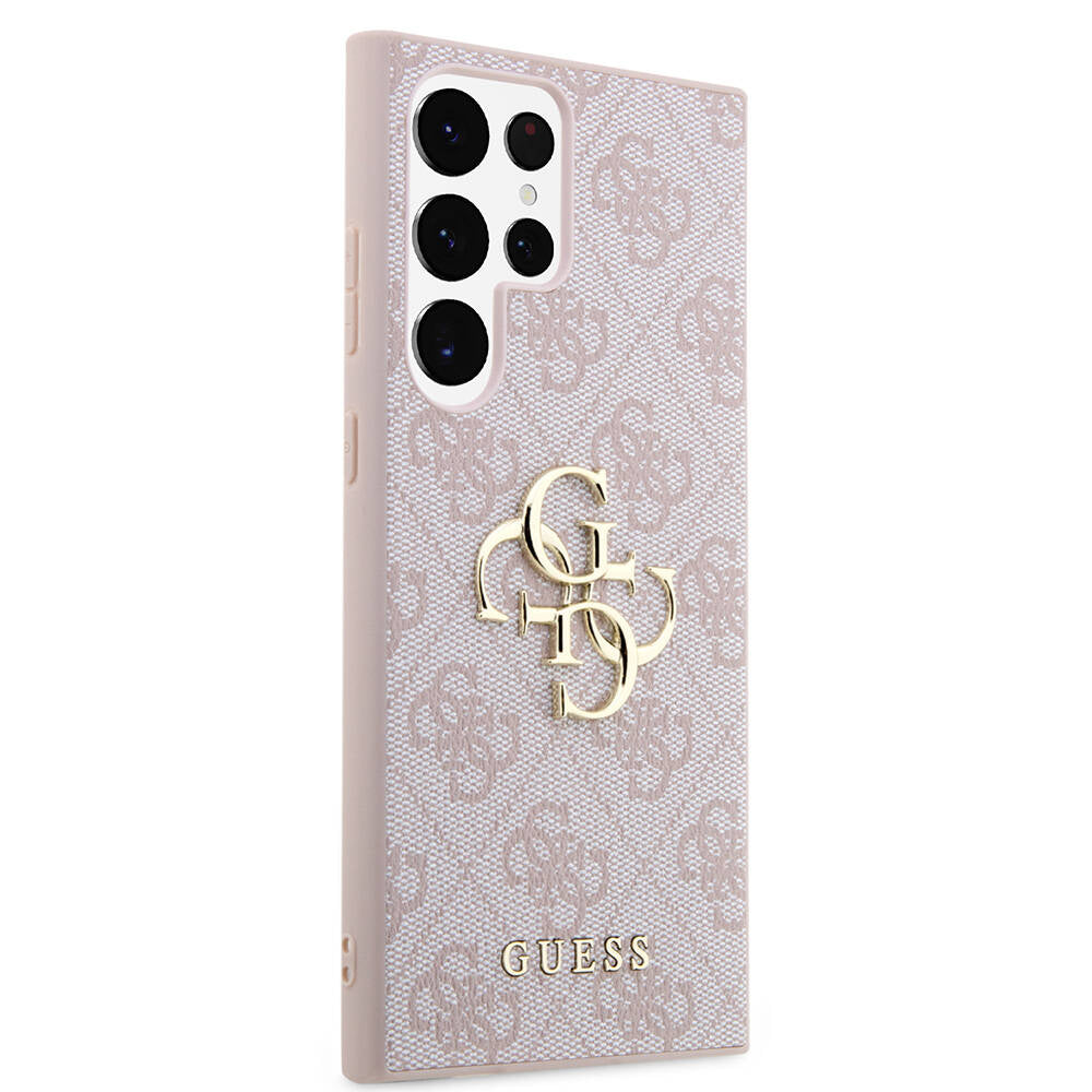 Galaxy S24 Ultra Kılıf Guess Orjinal Lisanslı PU Deri Yazı ve 4G Metal Logolu Desenli Kapak Kahverengi